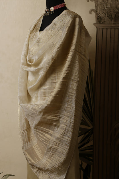 Gold Tissue Unstitched Suit Set with Crushed Banarasi Dupatta