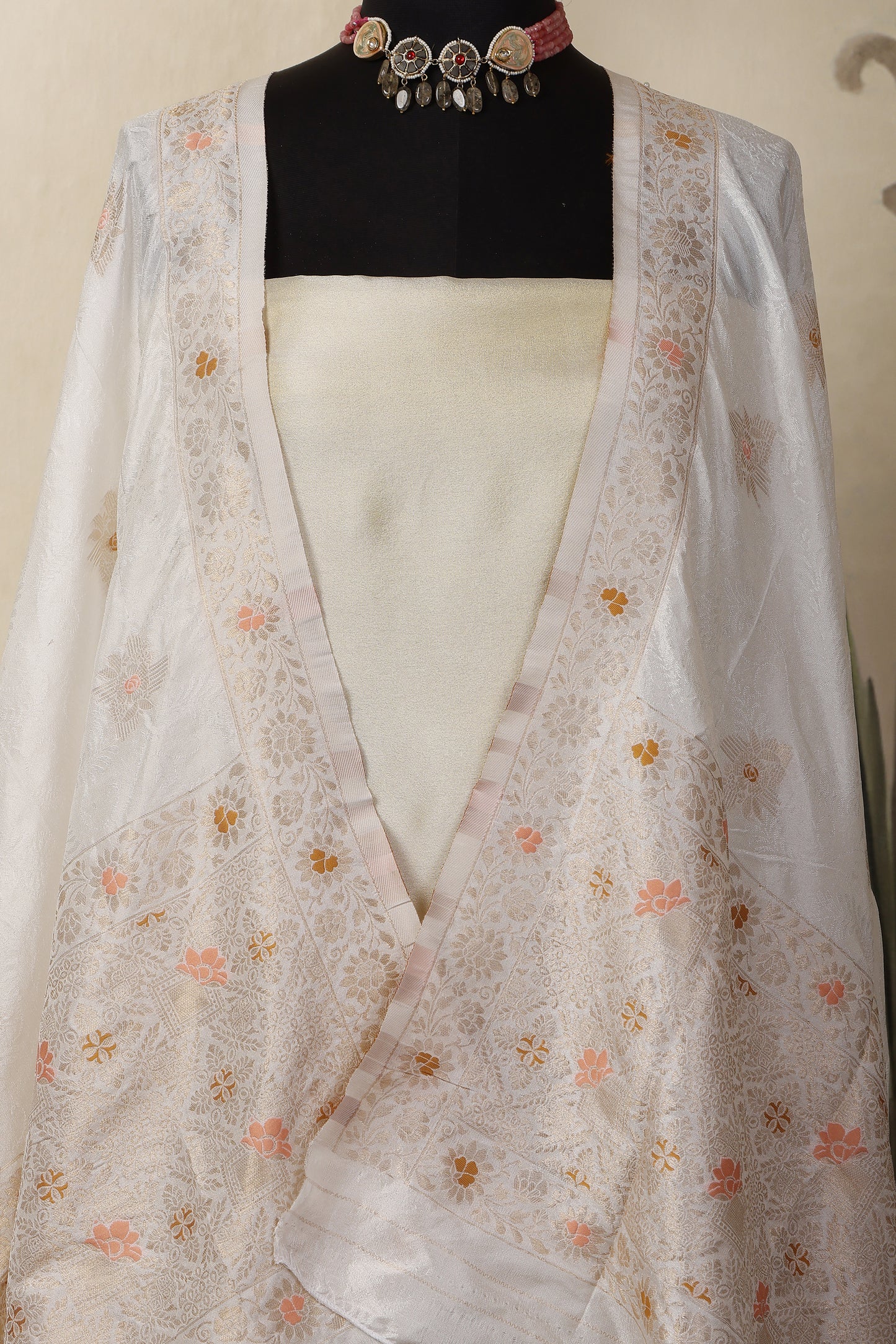 Gold Tissue Unstitched Suit Set with Mina Floral Dupatta