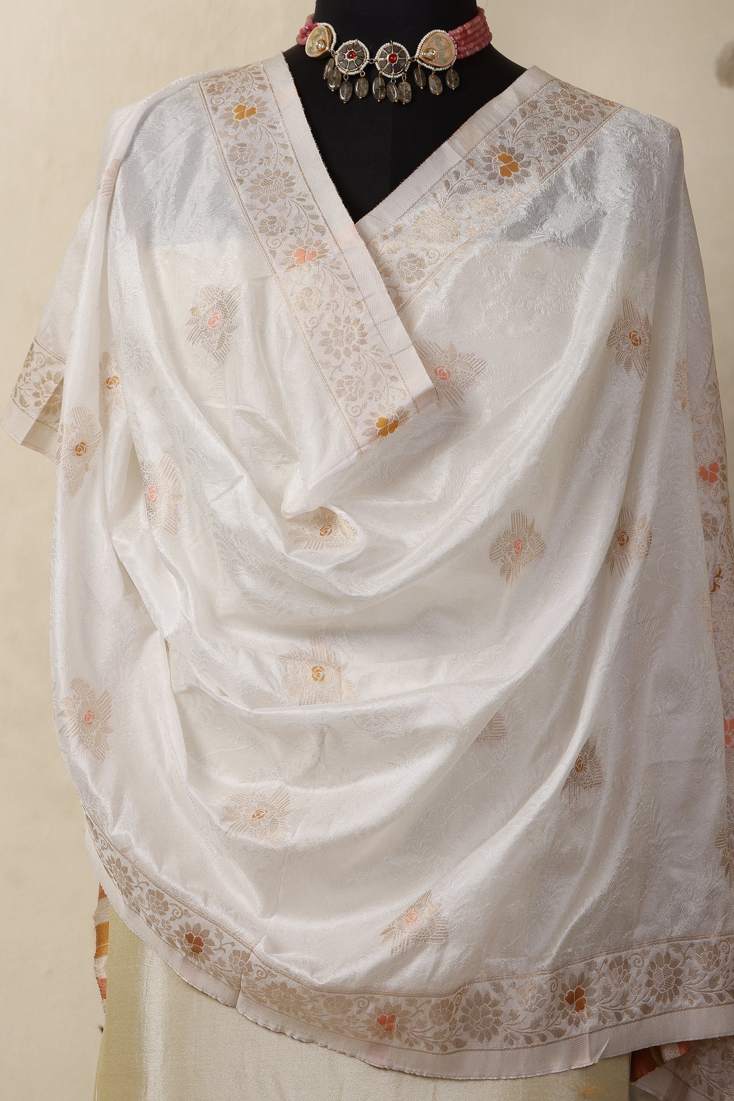 Gold Tissue Unstitched Suit Set with Mina Floral Dupatta