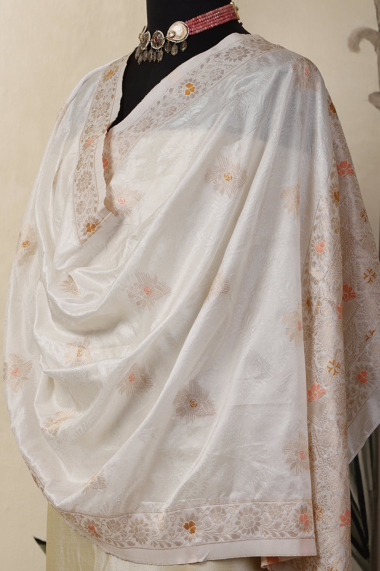 Gold Tissue Unstitched Suit Set with Mina Floral Dupatta