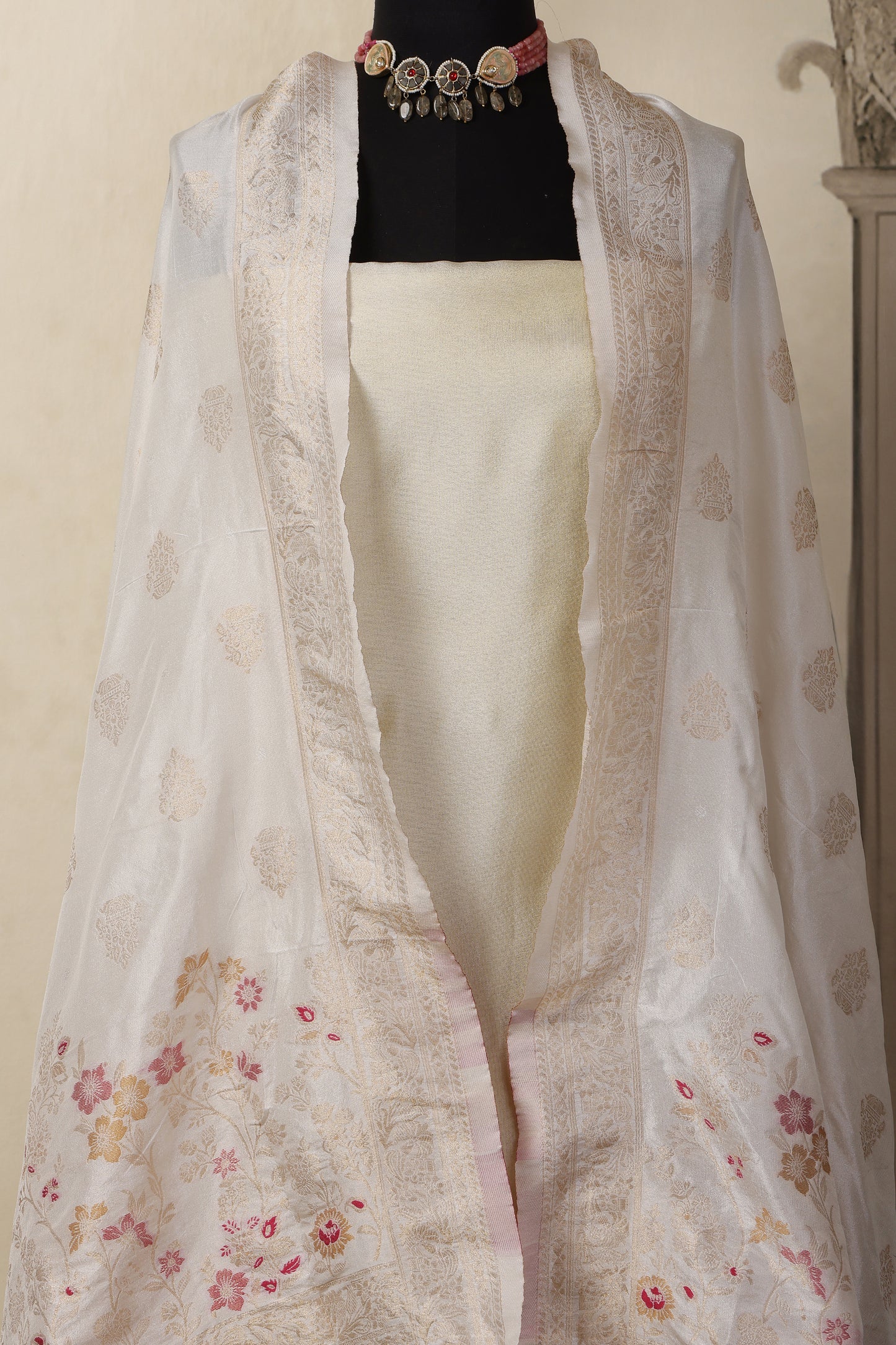 Gold Tissue Unstitched Suit Set with Mina Bloom  Dupatta