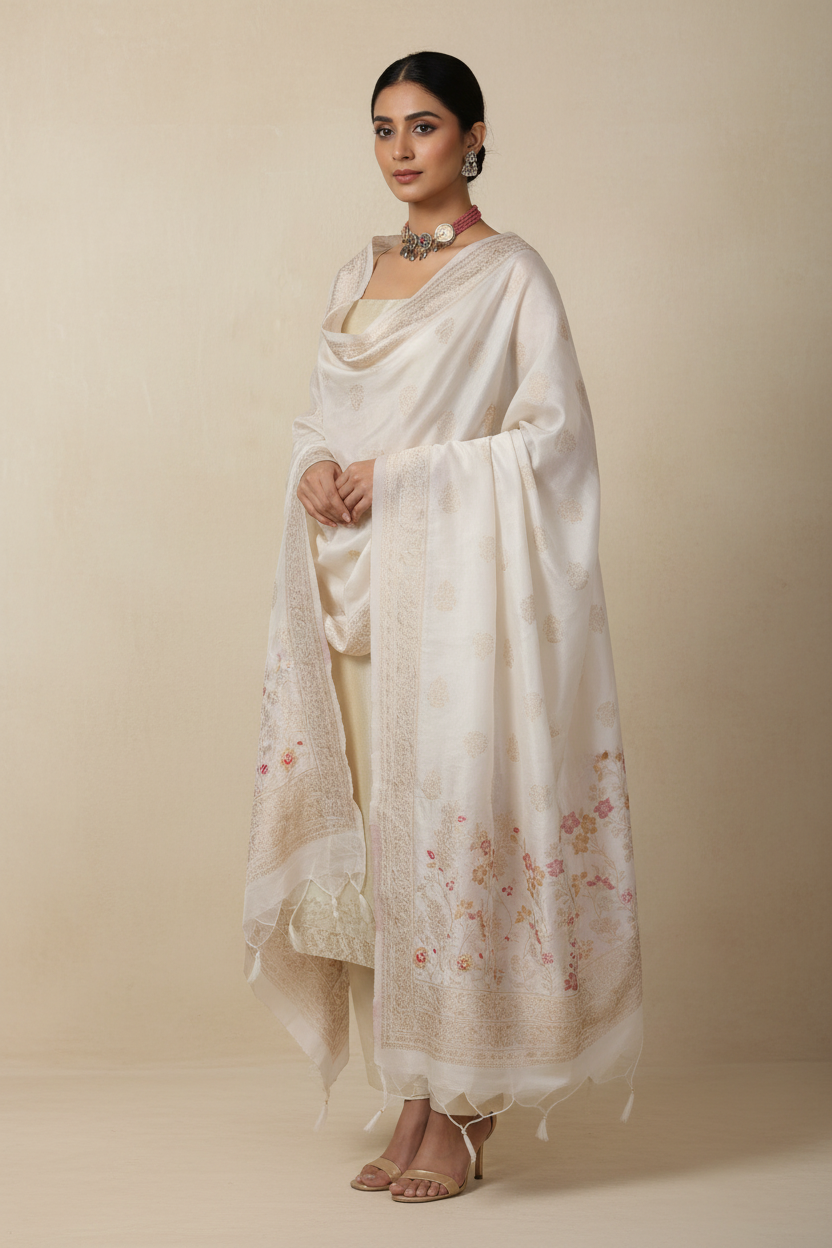 Gold Tissue Unstitched Suit Set with Mina Bloom  Dupatta
