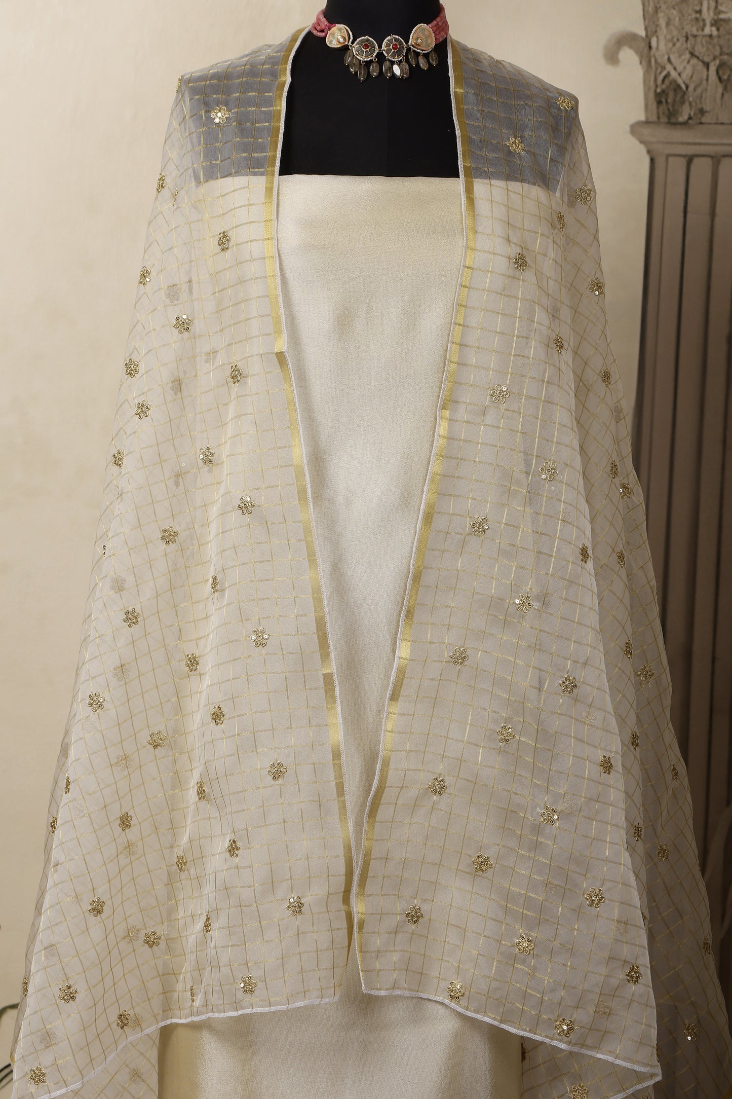 Gold Tissue Unstitched Suit Set with Embroidered Organza Dupatta
