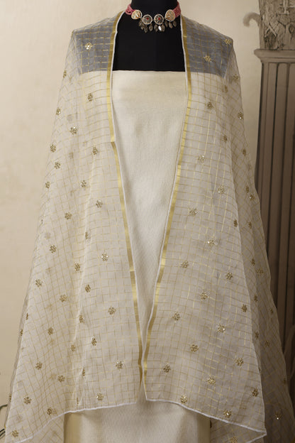 Gold Tissue Unstitched Suit Set with Embroidered Organza Dupatta