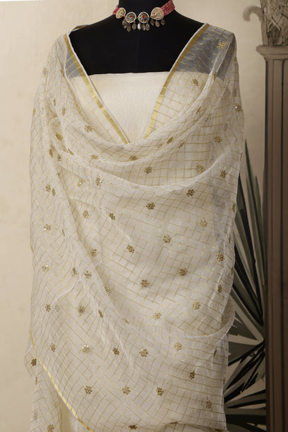 Gold Tissue Unstitched Suit Set with Embroidered Organza Dupatta