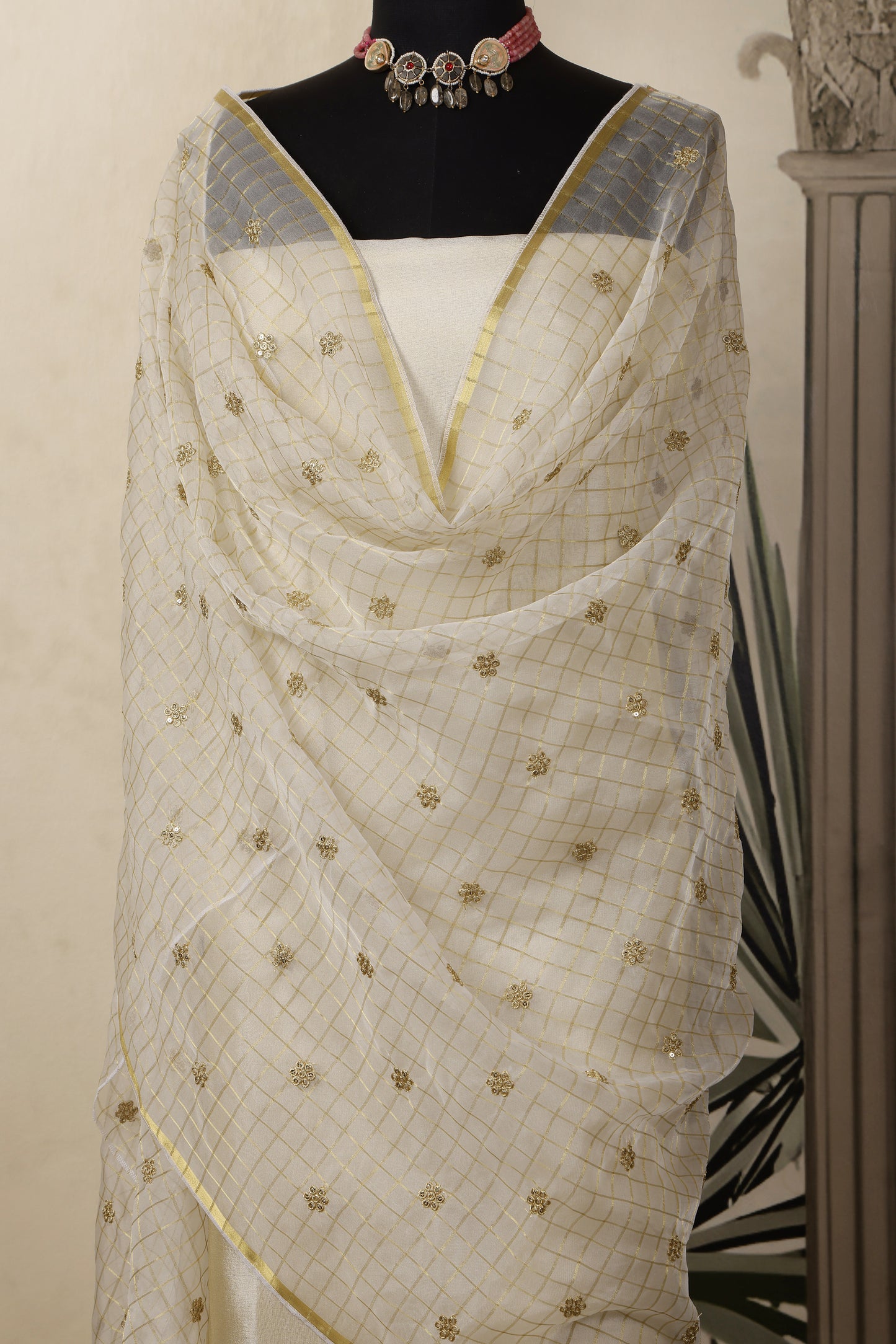 Gold Tissue Unstitched Suit Set with Embroidered Organza Dupatta