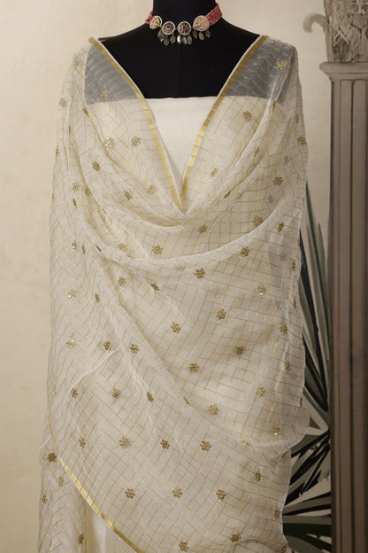 Gold Tissue Unstitched Suit Set with Embroidered Organza Dupatta