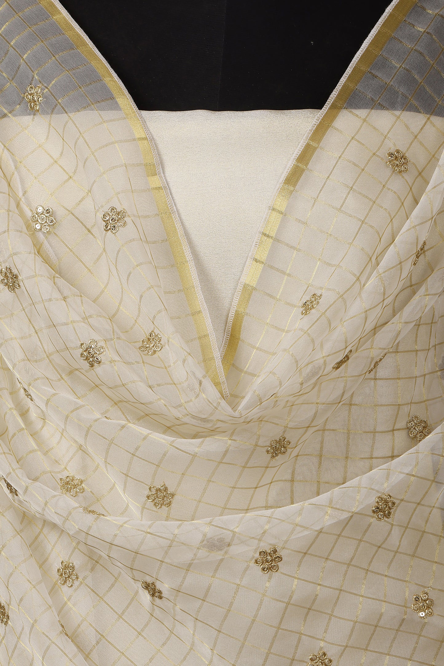 Gold Tissue Unstitched Suit Set with Embroidered Organza Dupatta