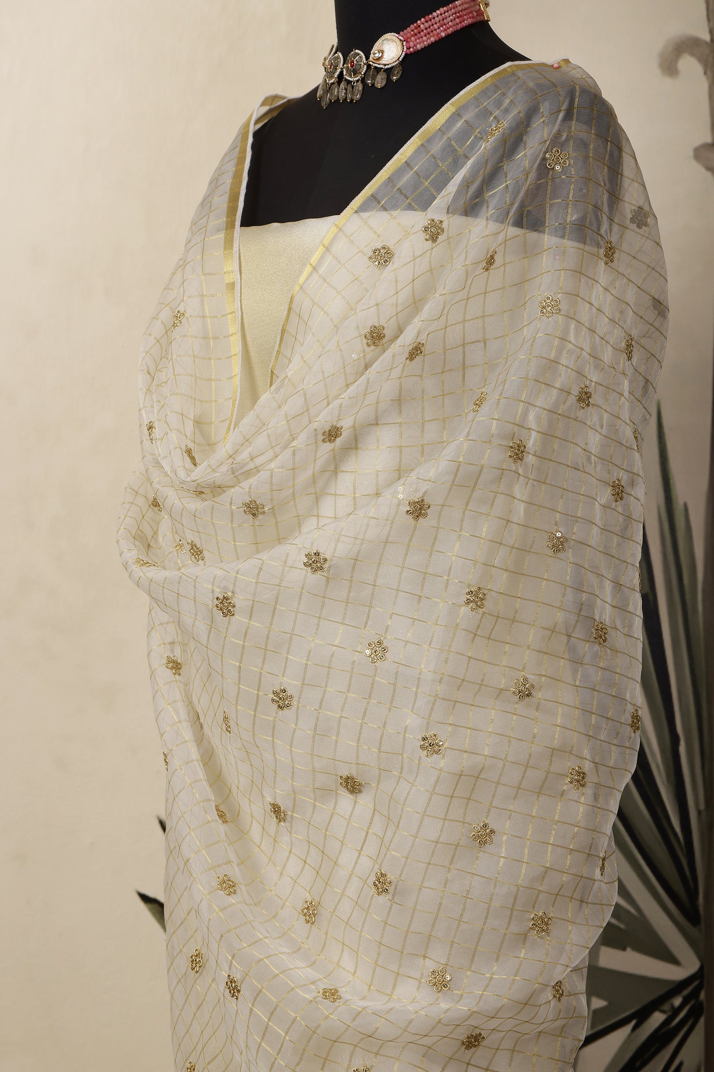 Gold Tissue Unstitched Suit Set with Embroidered Organza Dupatta