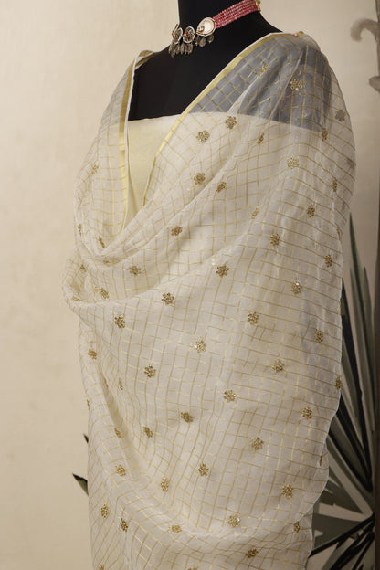 Gold Tissue Unstitched Suit Set with Embroidered Organza Dupatta