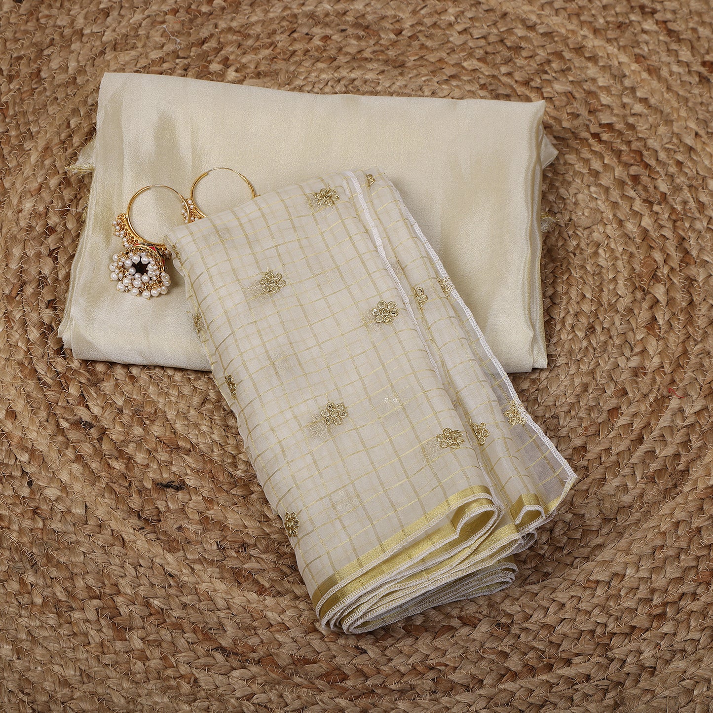 Gold Tissue Unstitched Suit Set with Embroidered Organza Dupatta