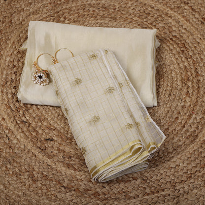 Gold Tissue Unstitched Suit Set with Embroidered Organza Dupatta