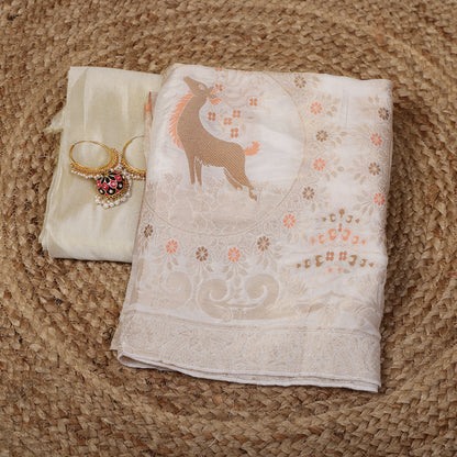 Gold Tissue Unstitched Suit Set with Mina Deer Dupatta