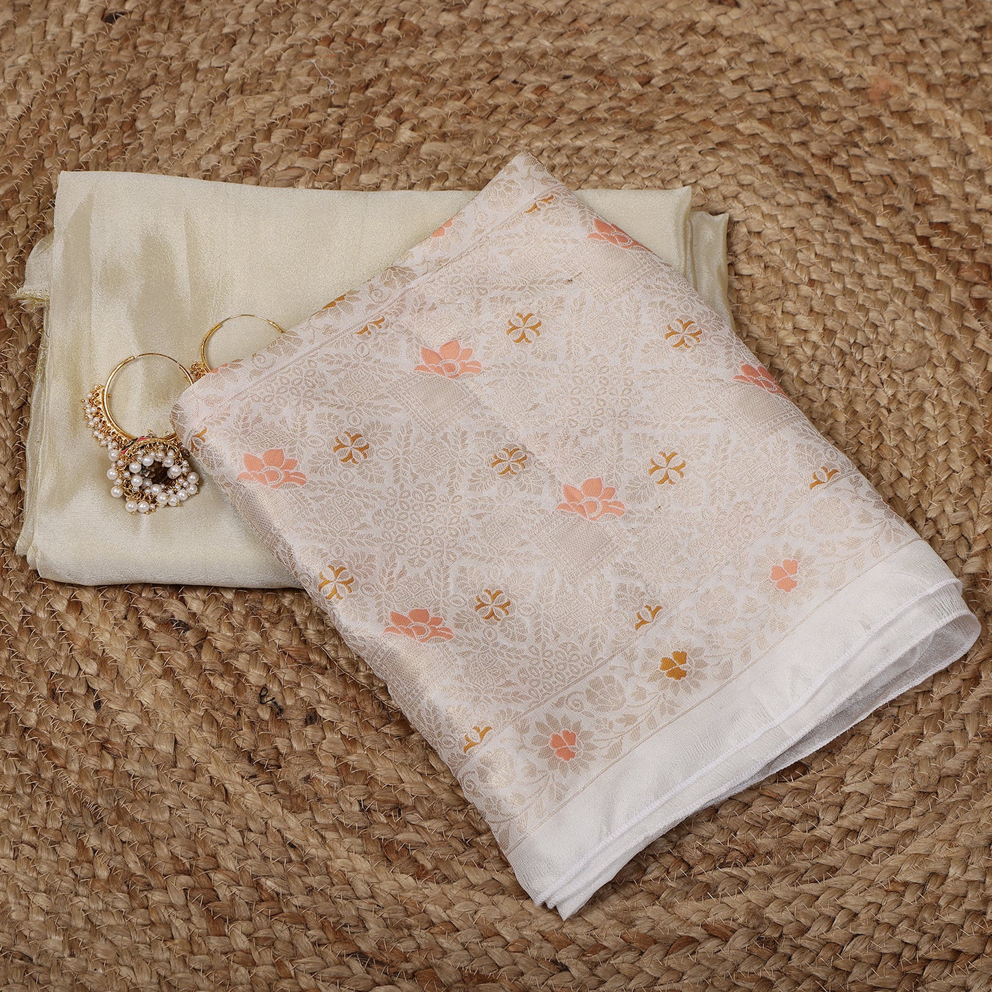 Gold Tissue Unstitched Suit Set with Mina Floral Dupatta