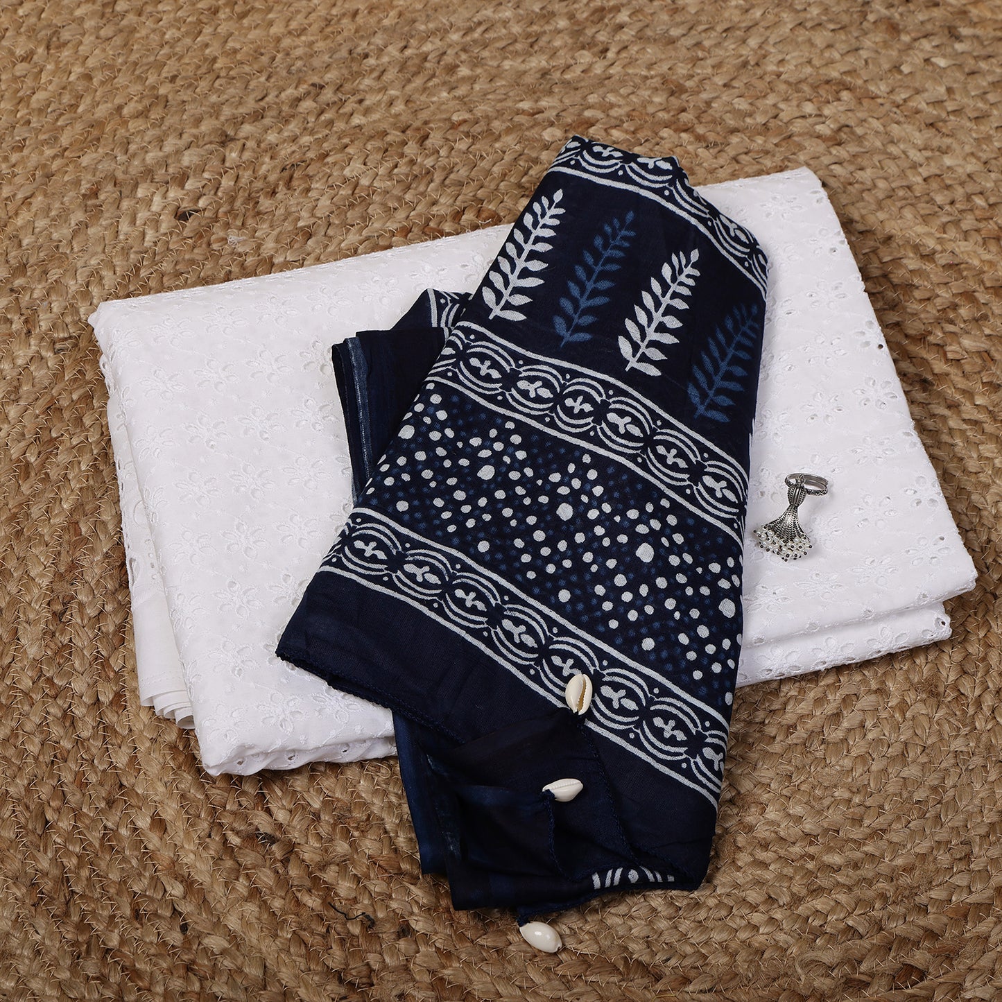 White Cotton Shiffli Unstitched Suit Set with Indigo Blue Printed 1 Mul Cotton Dupatta