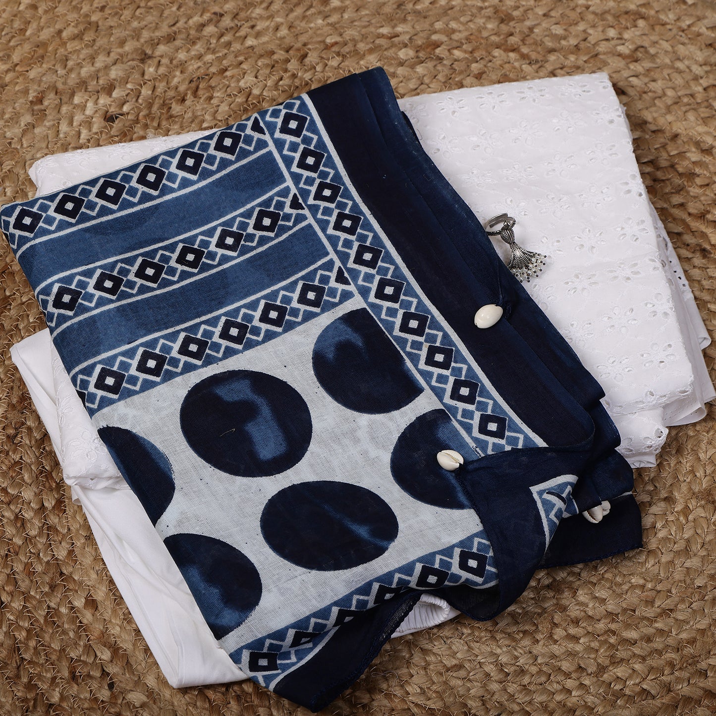 White Cotton Shiffli Unstitched Suit Set with Indigo Blue Printed 4 Mul Cotton Dupatta