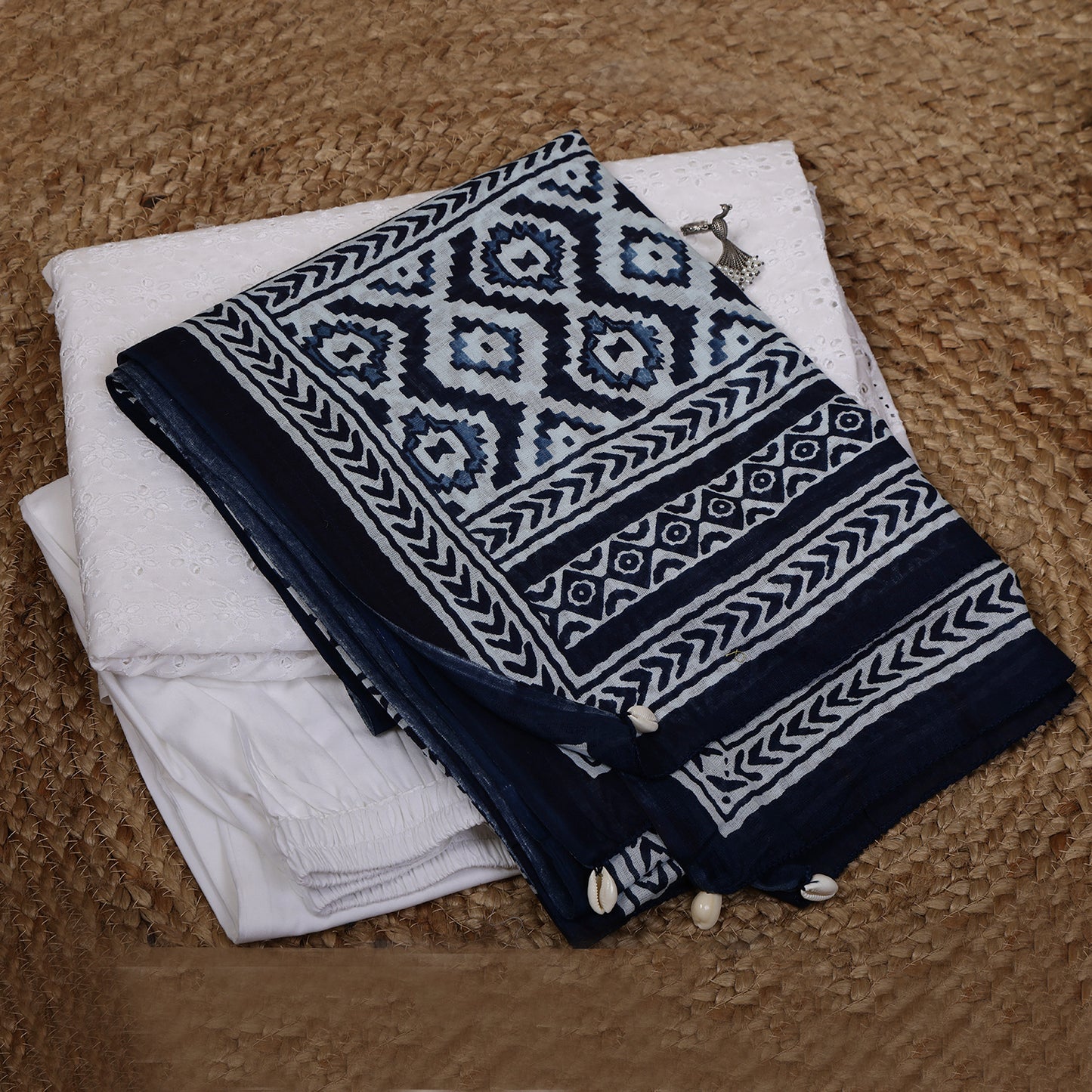 White Cotton Shiffli Unstitched Suit Set with Indigo Blue Printed 3 Mul Cotton Dupatta