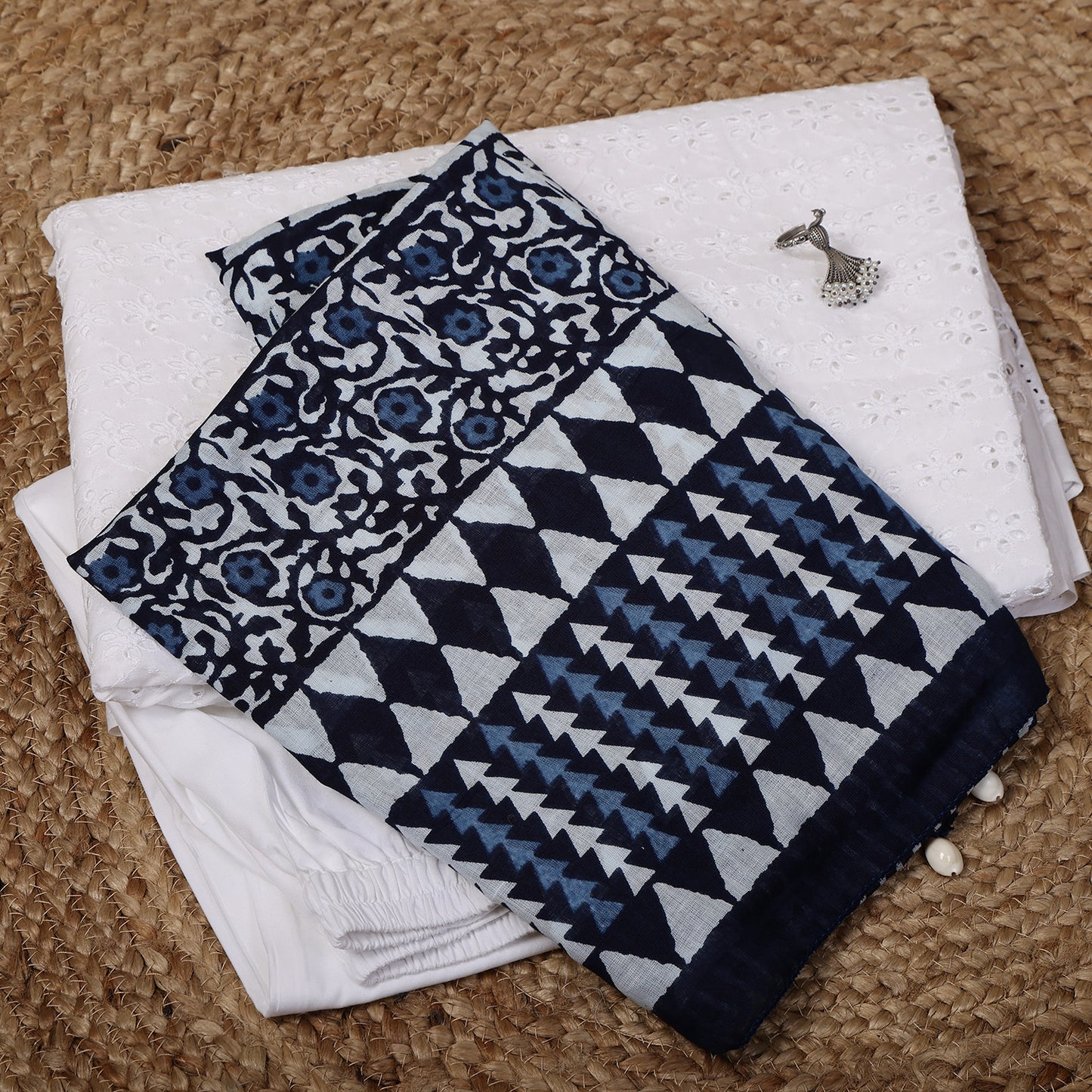 White Cotton Shiffli Unstitched Suit Set with Indigo Blue Printed 5 Mul Cotton Dupatta