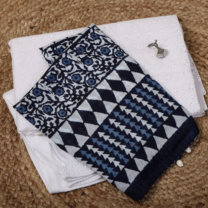 White Cotton Shiffli Unstitched Suit Set with Indigo Blue Printed 5 Mul Cotton Dupatta