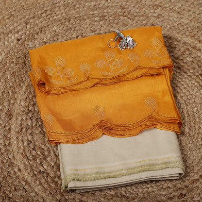 Beige Linen Unstitched Suit Set with Mustard Yellow Sequins Embroidered Dupatta