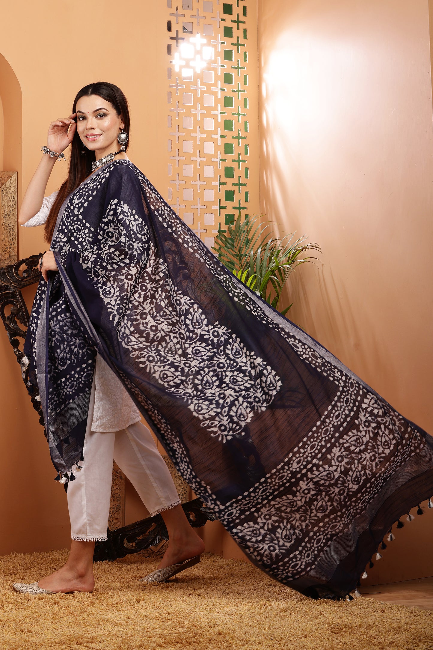 Dupatta-Cotton Slub- Batik Navy Blue