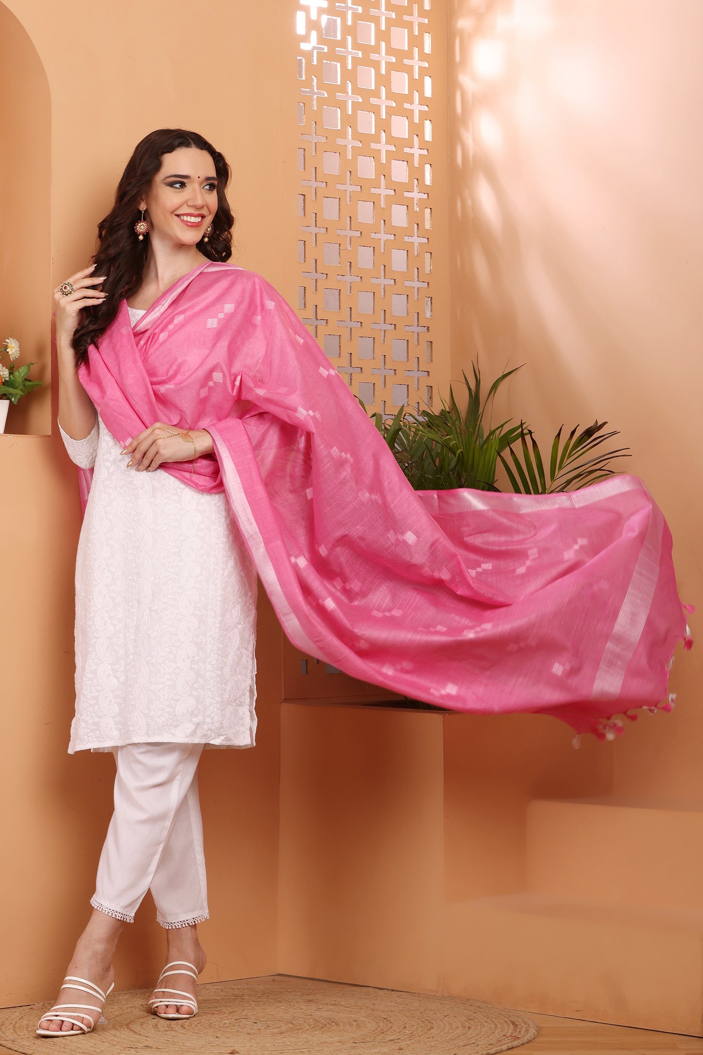 Dupatta -Cotton Slub Linen Manjusha- Pink
