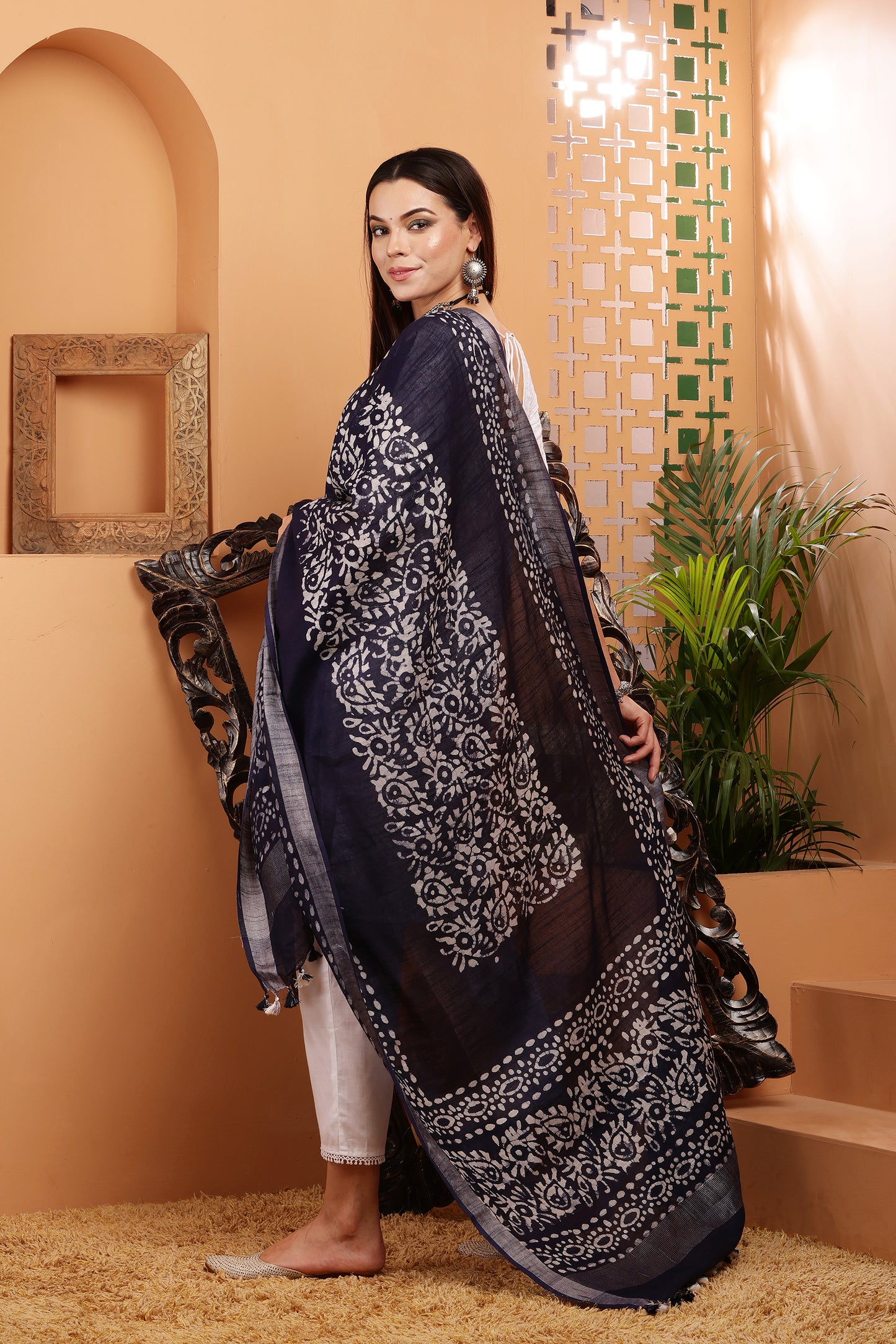 Dupatta-Cotton Slub- Batik Navy Blue