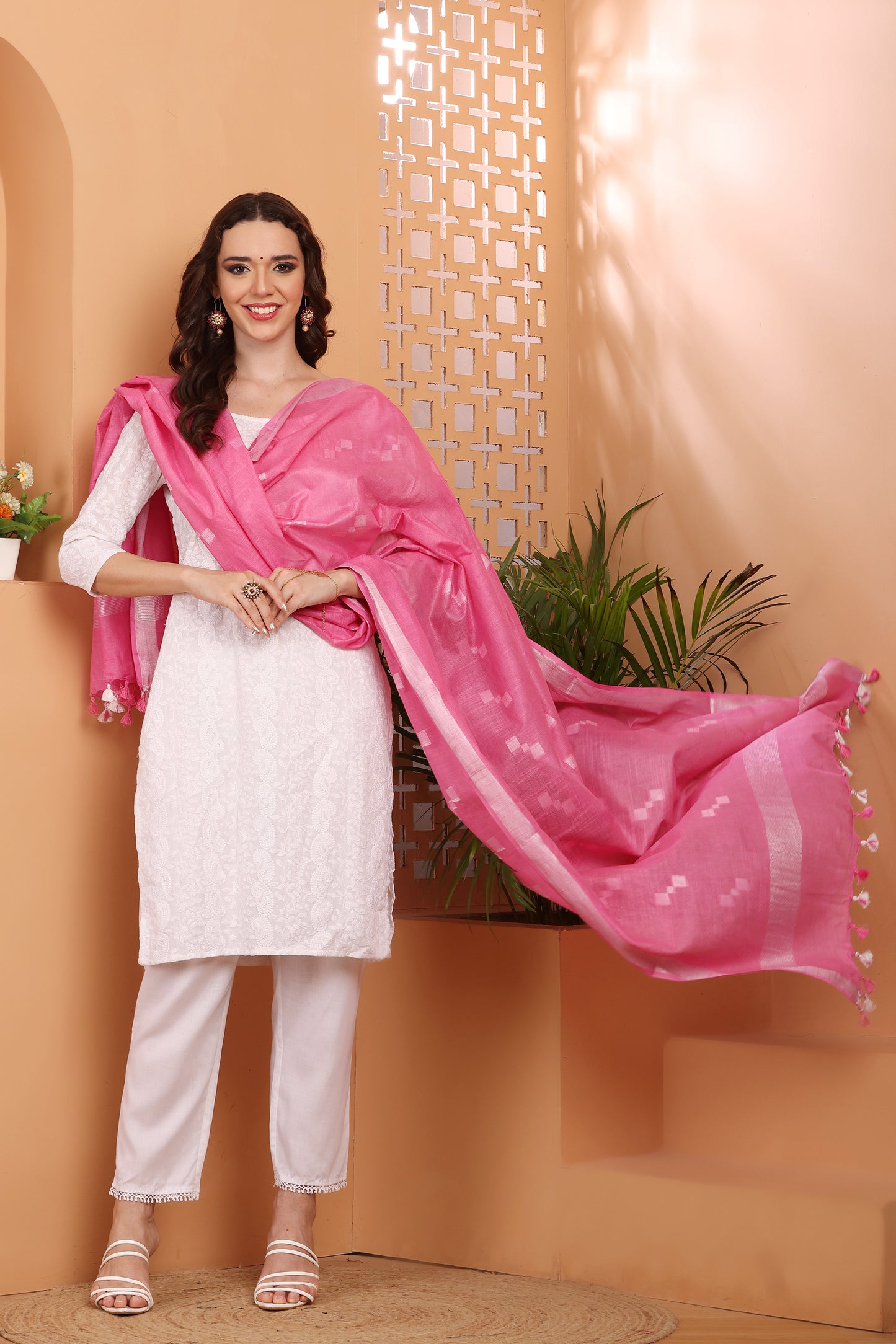 Dupatta -Cotton Slub Linen Manjusha- Pink