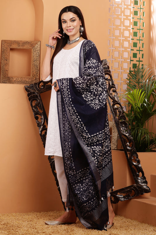 Dupatta-Cotton Slub- Batik Navy Blue