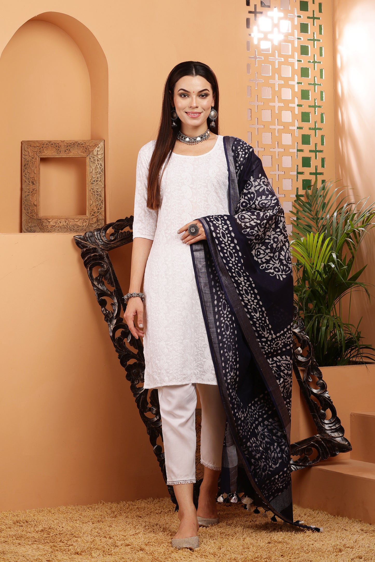Dupatta-Cotton Slub- Batik Navy Blue