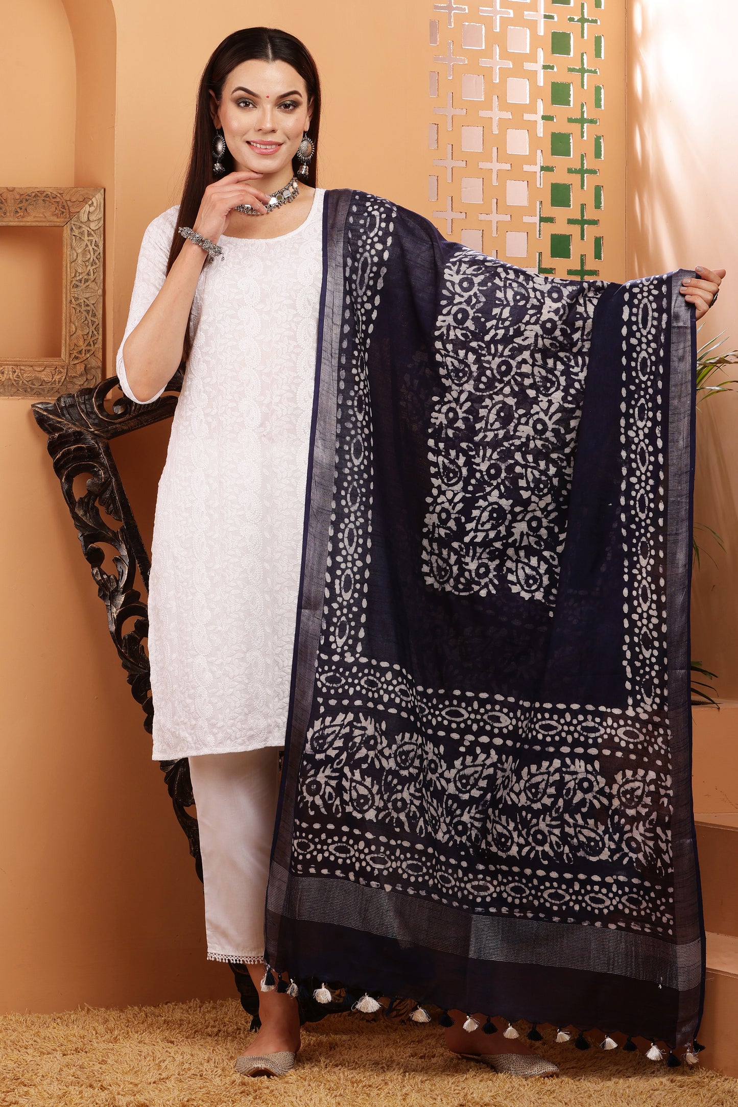Dupatta-Cotton Slub- Batik Navy Blue