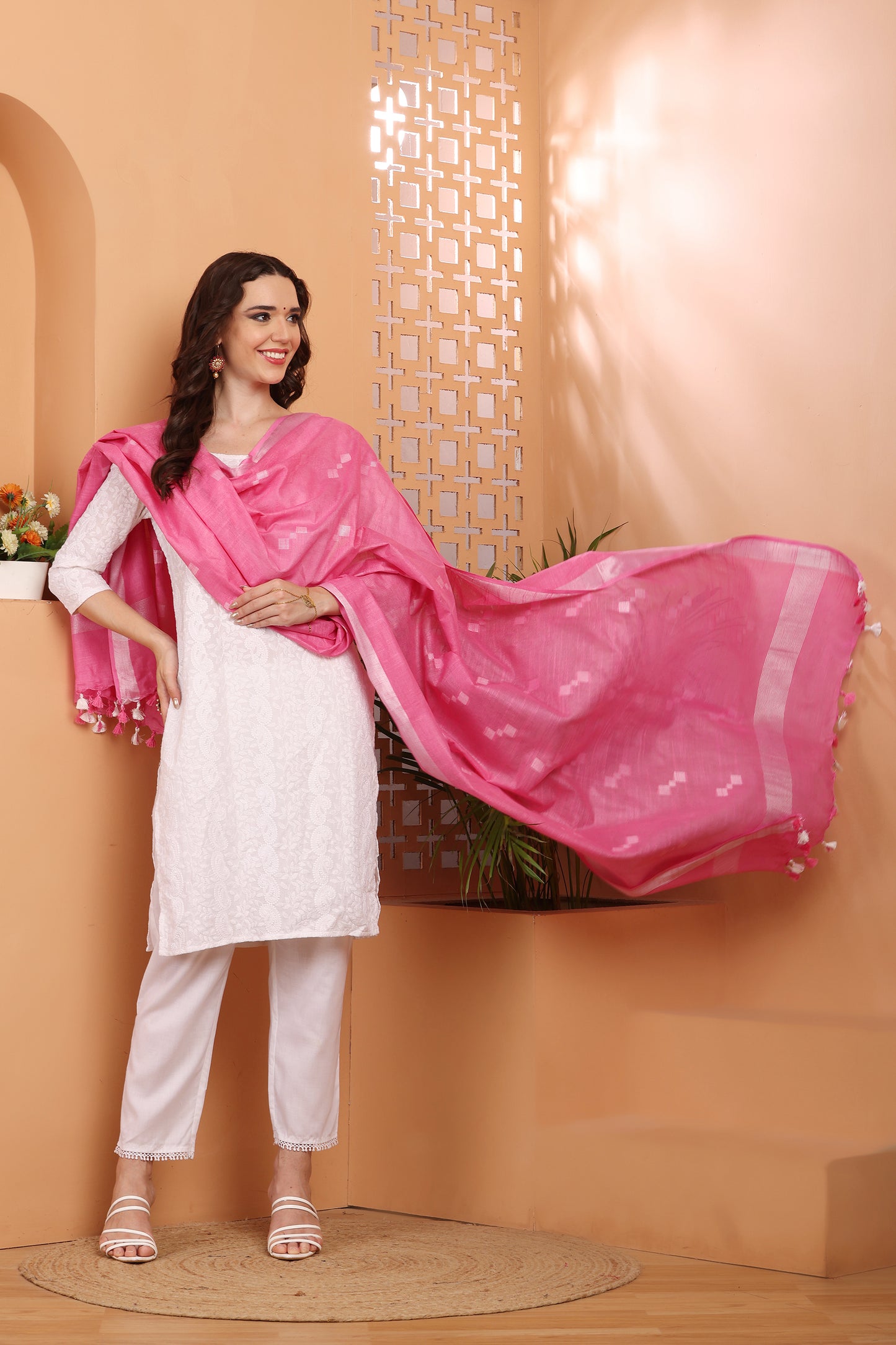 Dupatta -Cotton Slub Linen Manjusha- Pink