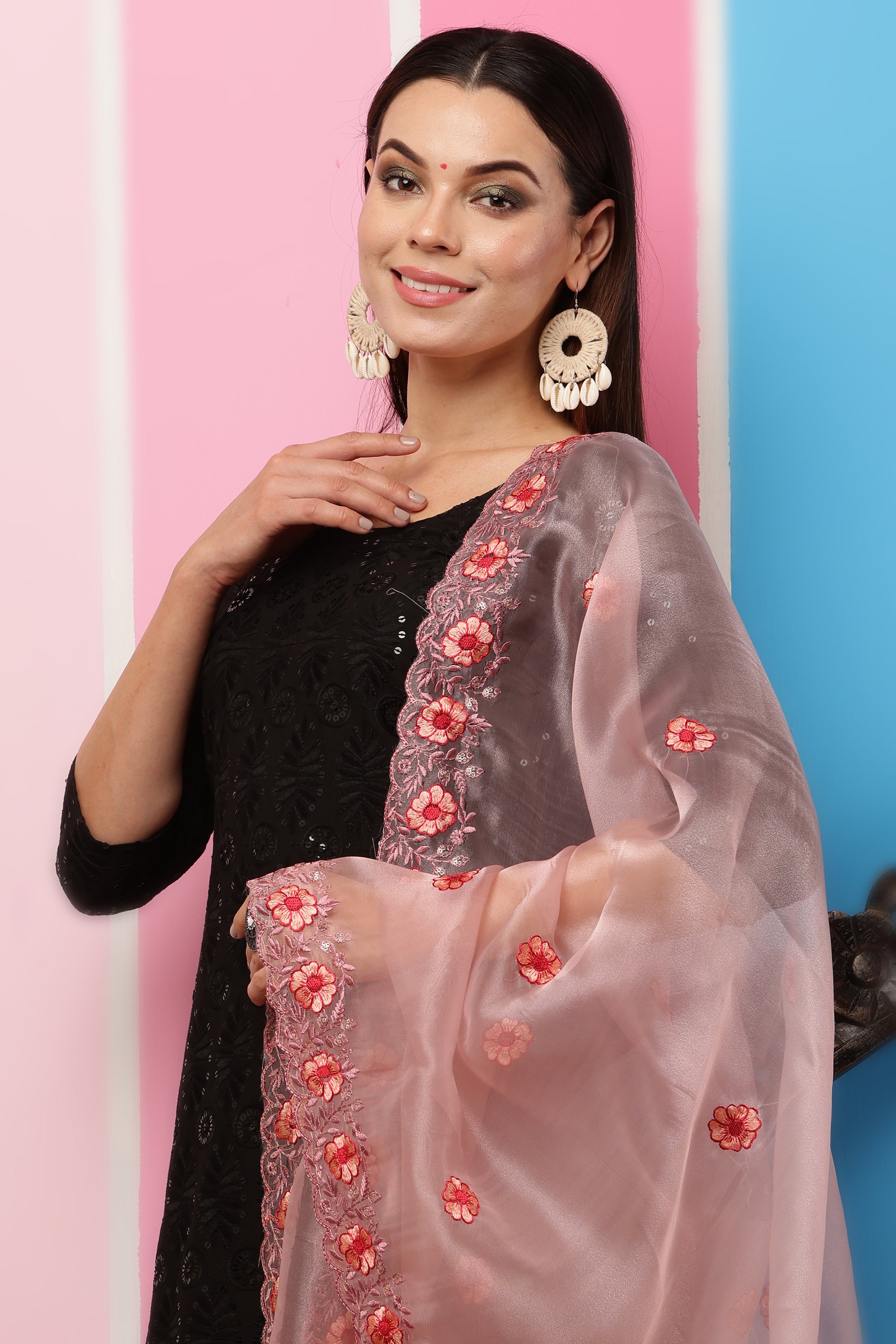 Organza Dupatta- Onion Pink Multi