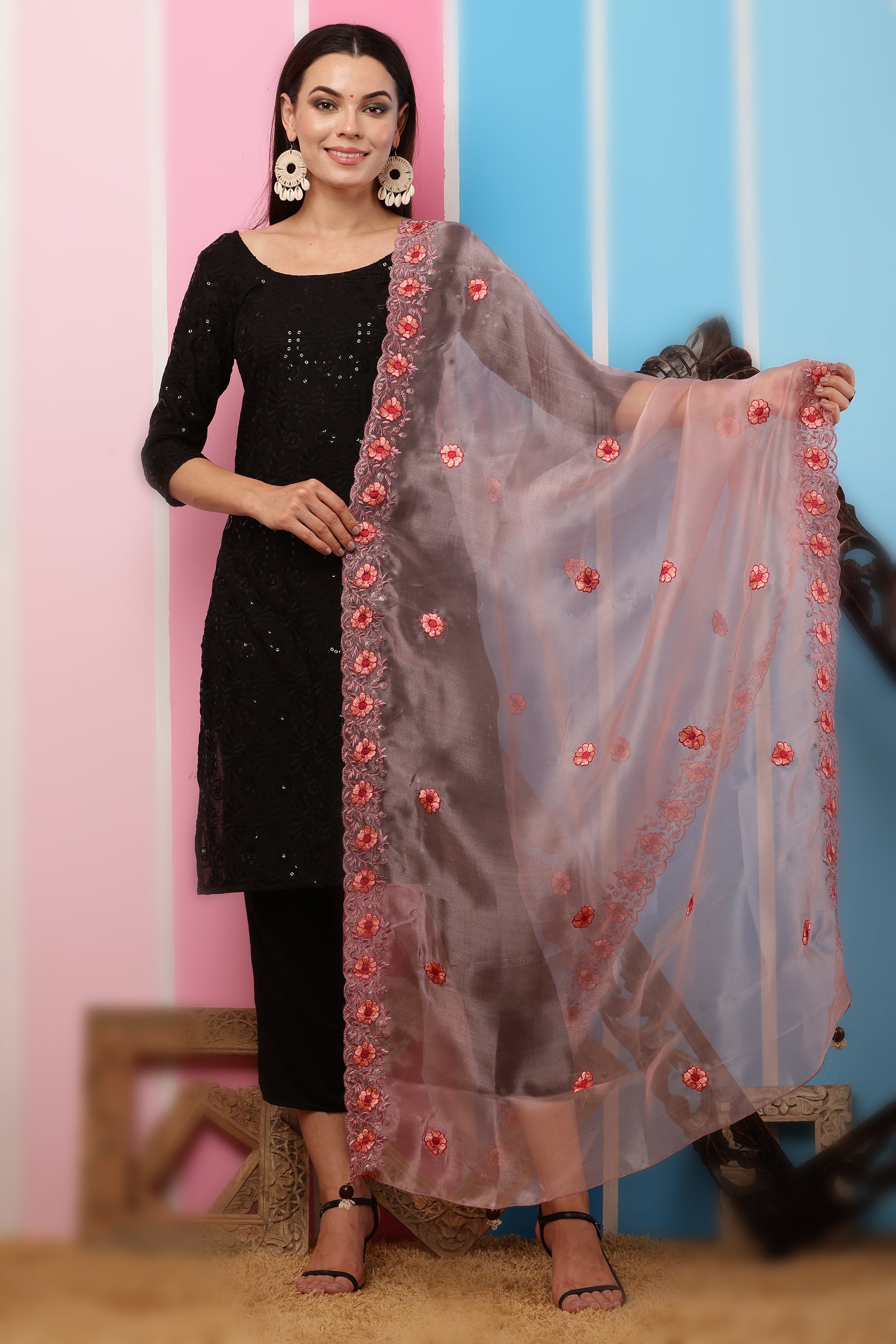 Organza Dupatta- Onion Pink Multi