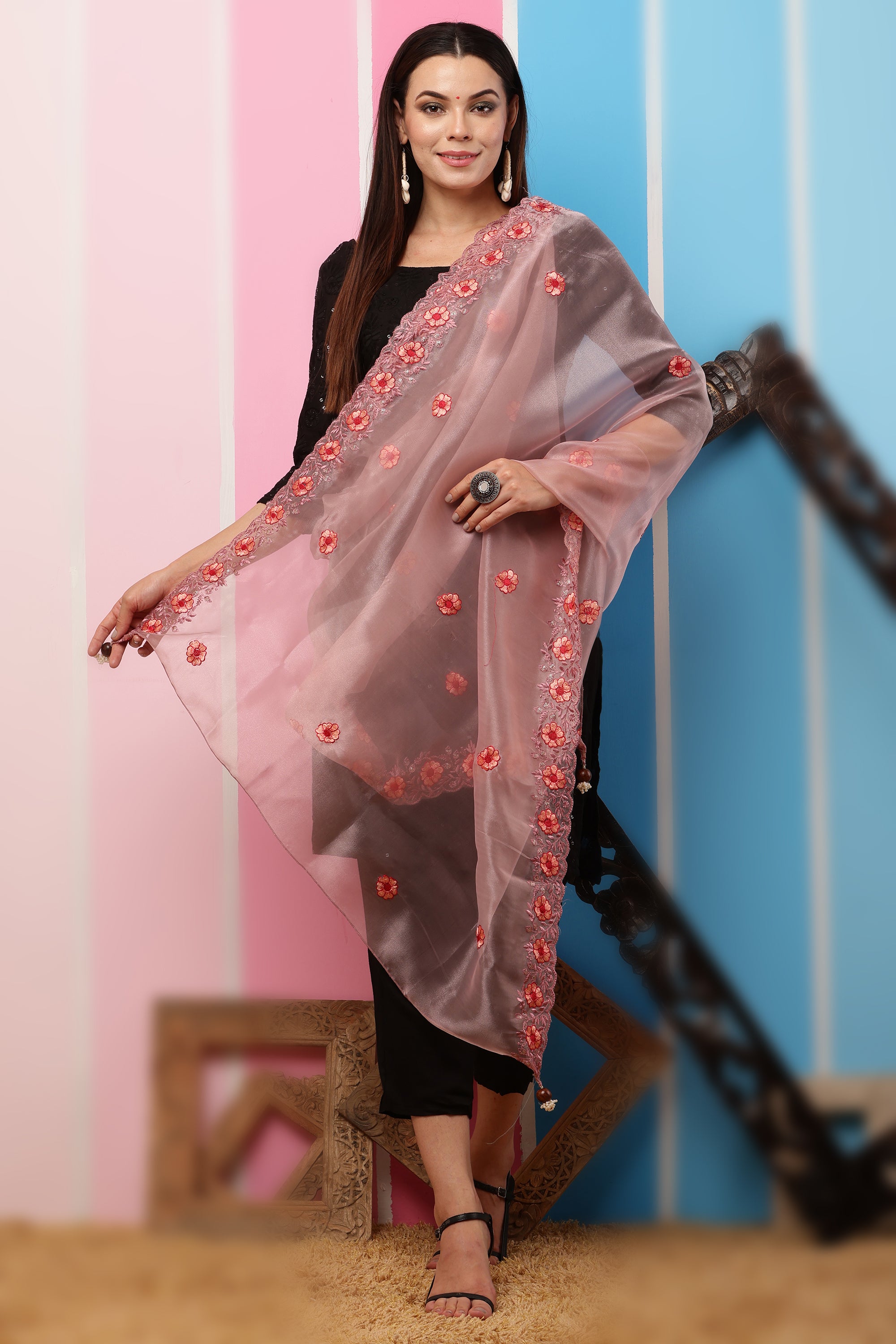 Organza Dupatta- Onion Pink Multi