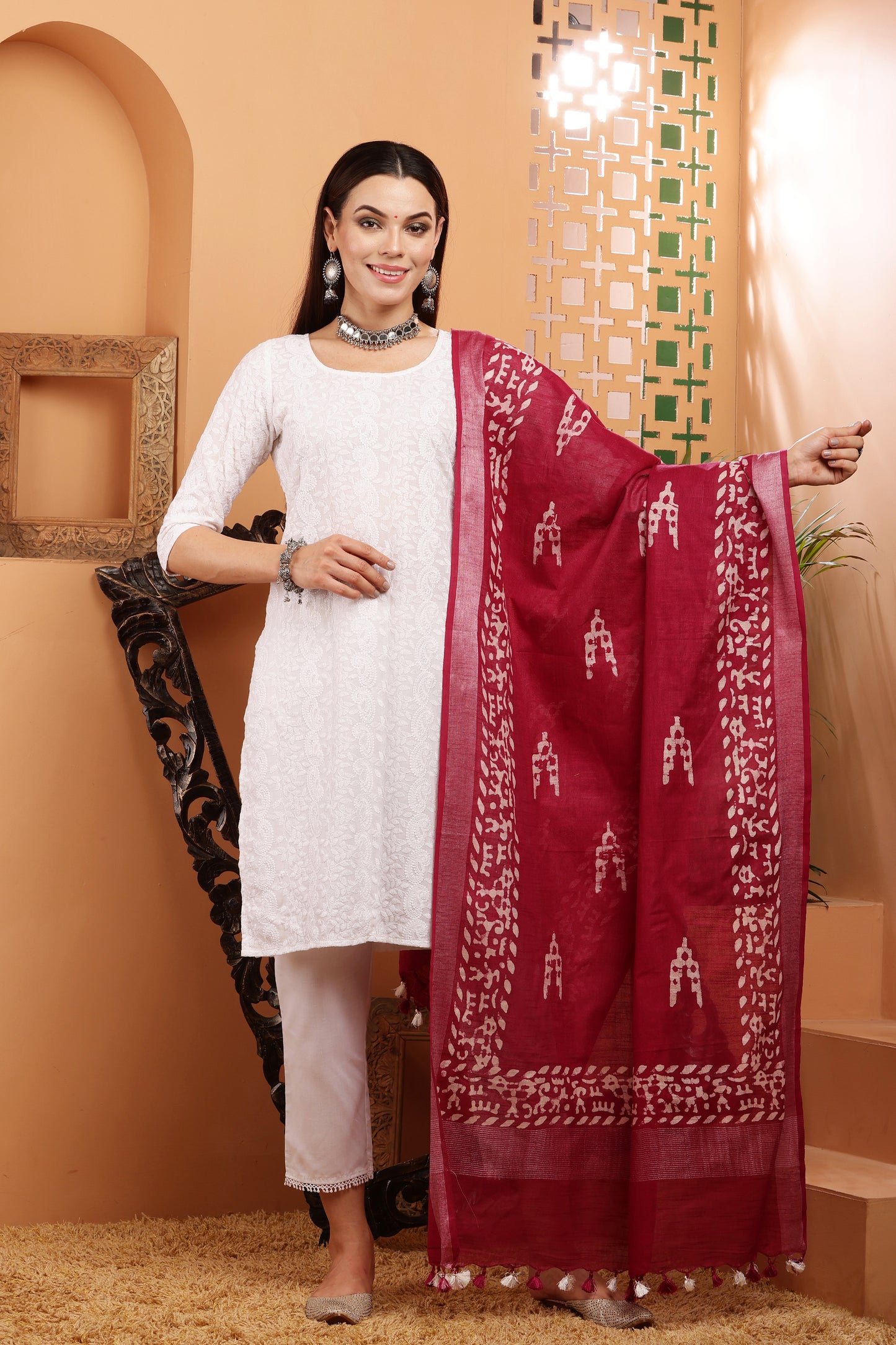 Dupatta-Cotton Slub-Batik Maroon