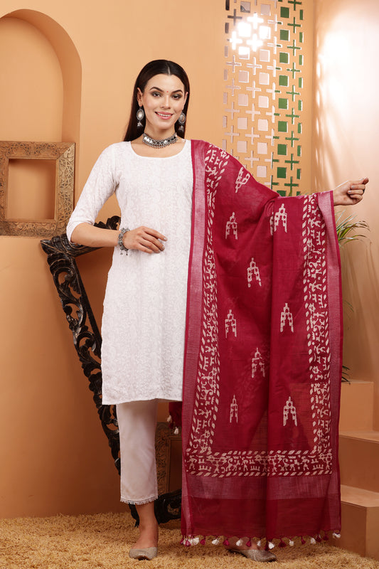 Dupatta-Cotton Slub-Batik Maroon