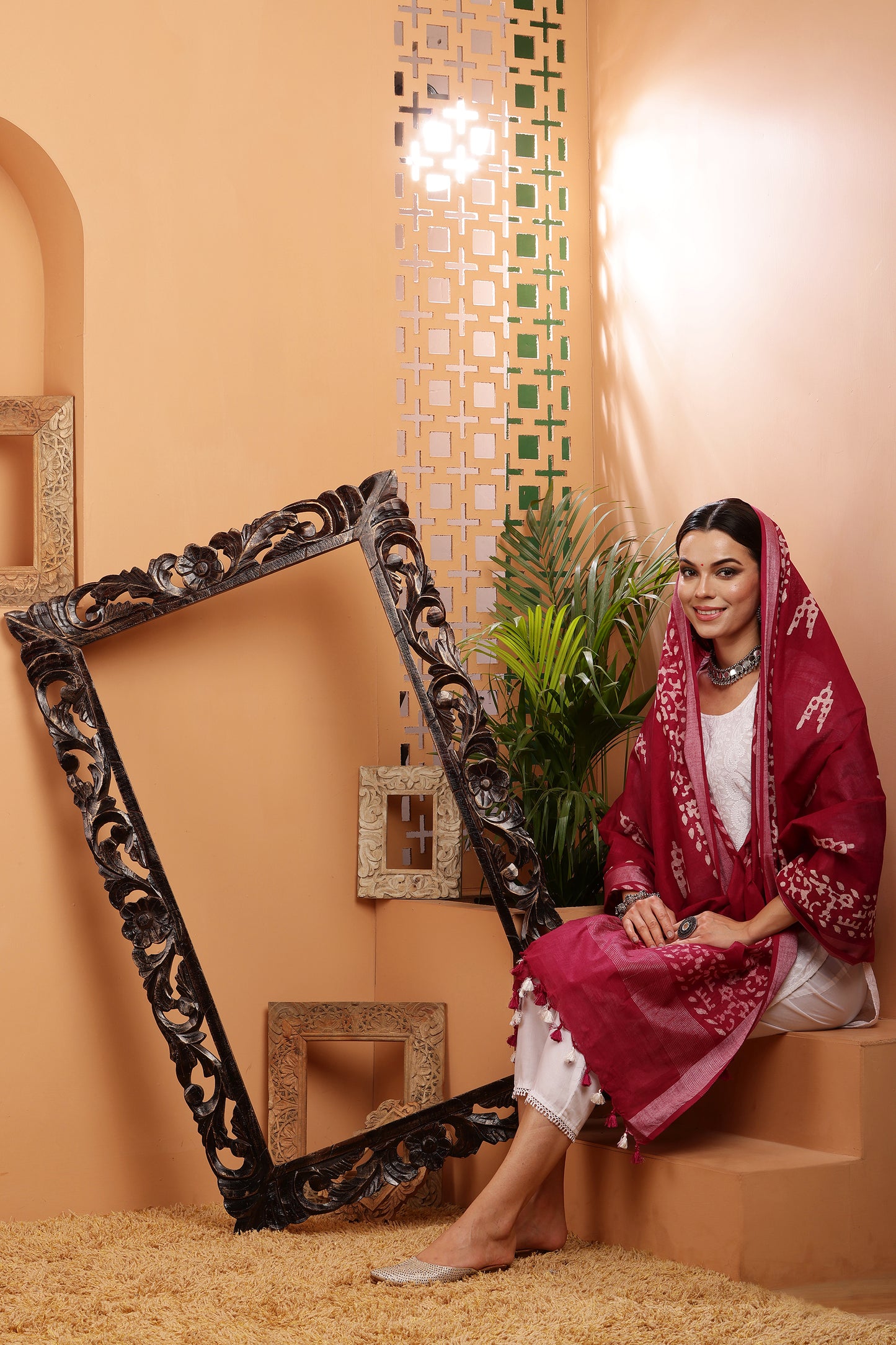 Dupatta-Cotton Slub-Batik Maroon