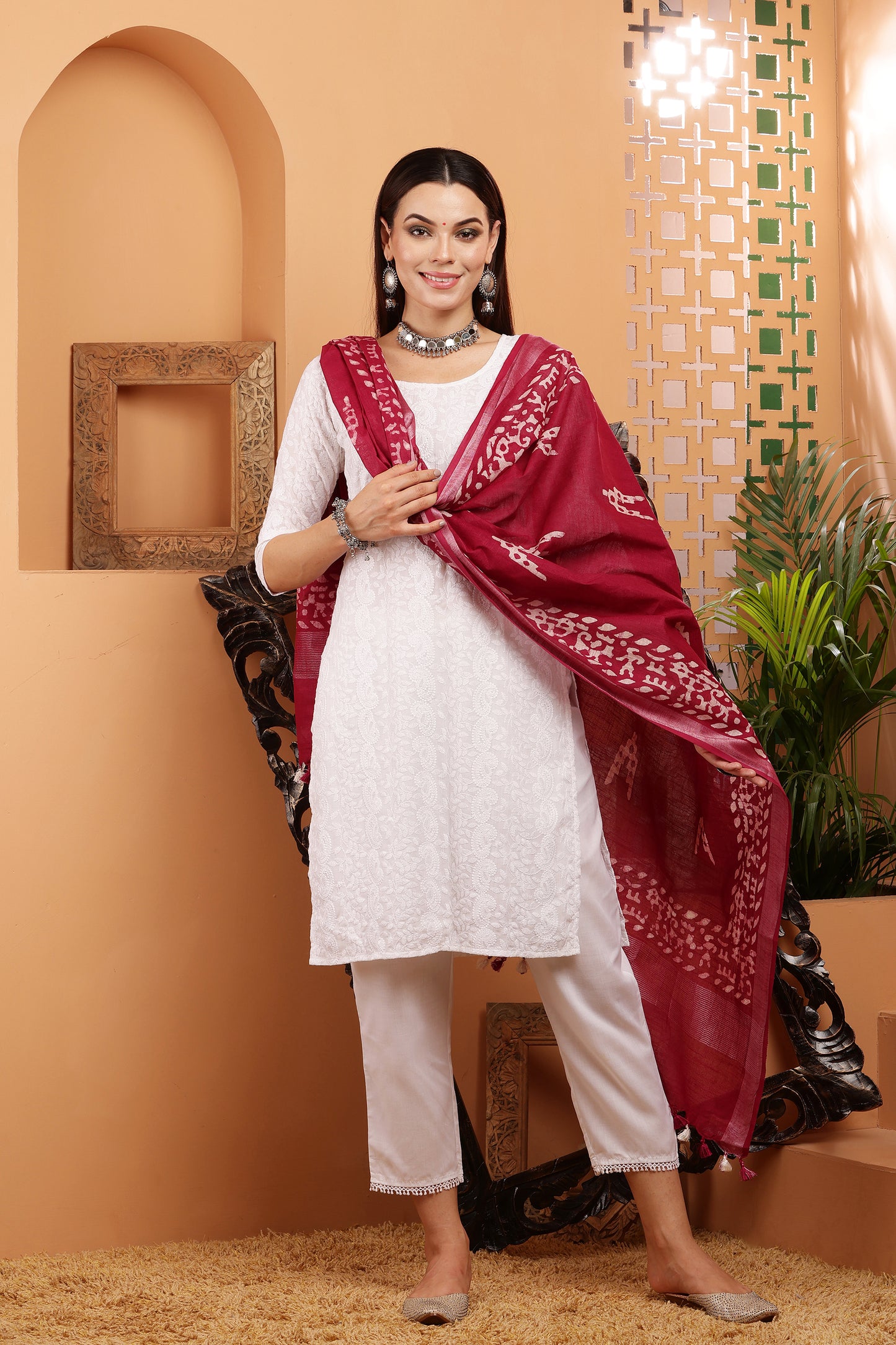Dupatta-Cotton Slub-Batik Maroon