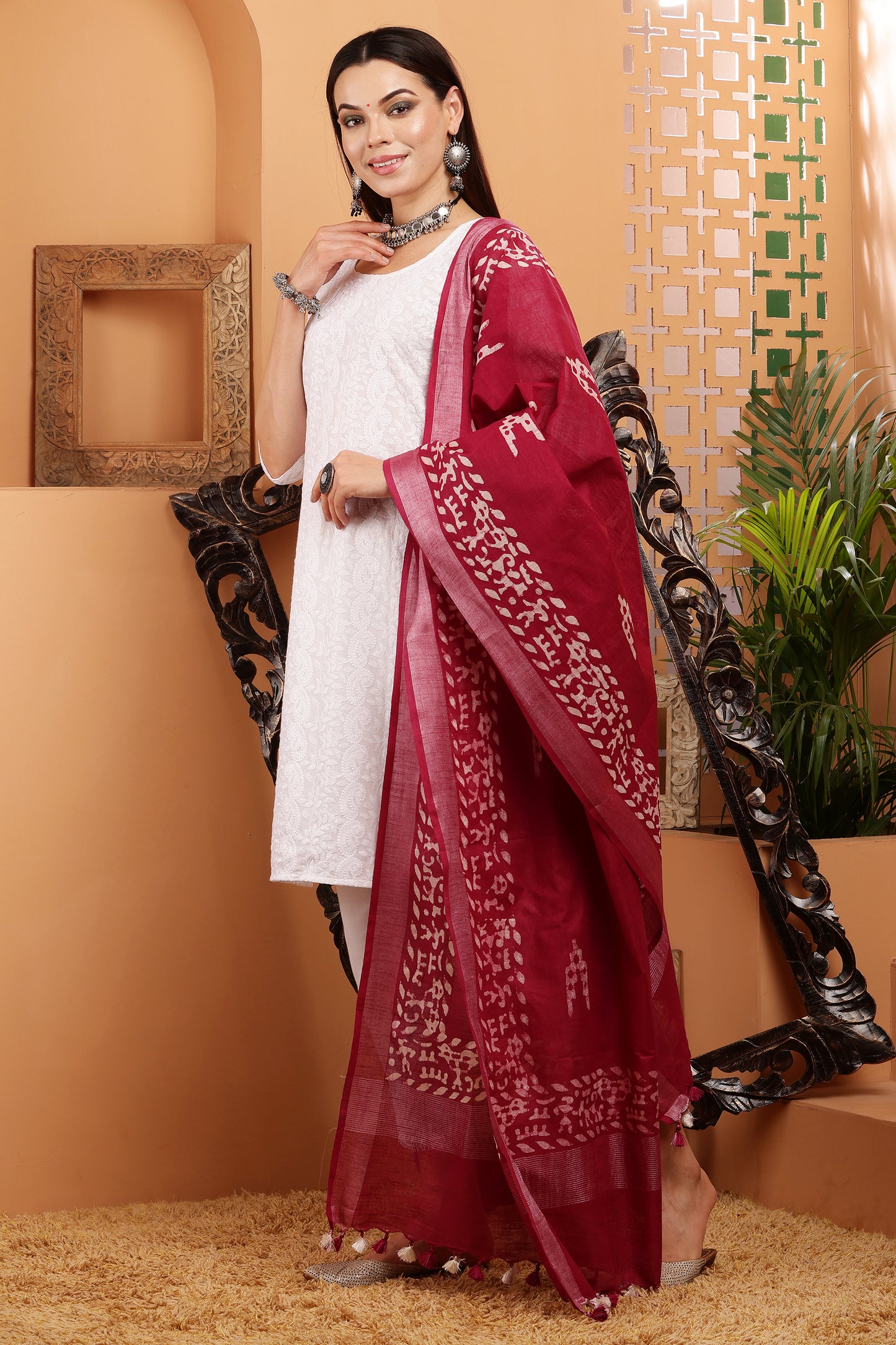 Dupatta-Cotton Slub-Batik Maroon