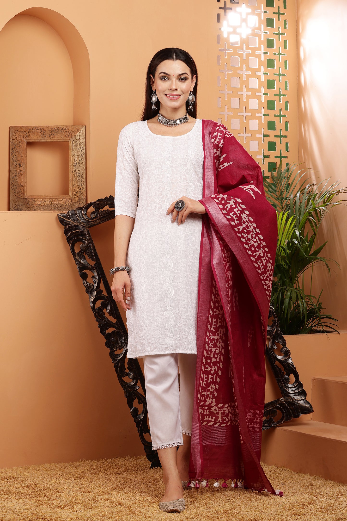 Dupatta-Cotton Slub-Batik Maroon