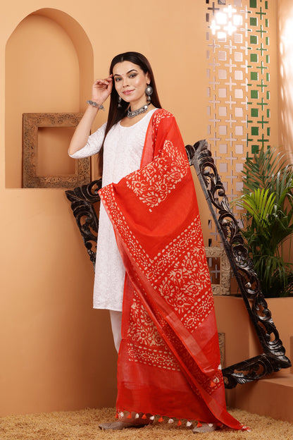 Dupatta-Cotton Slub- Batik Orange