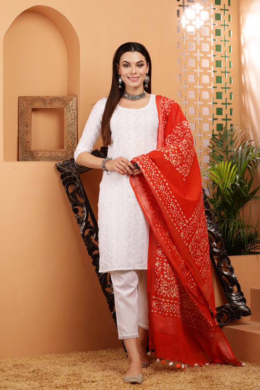 Dupatta-Cotton Slub- Batik Orange