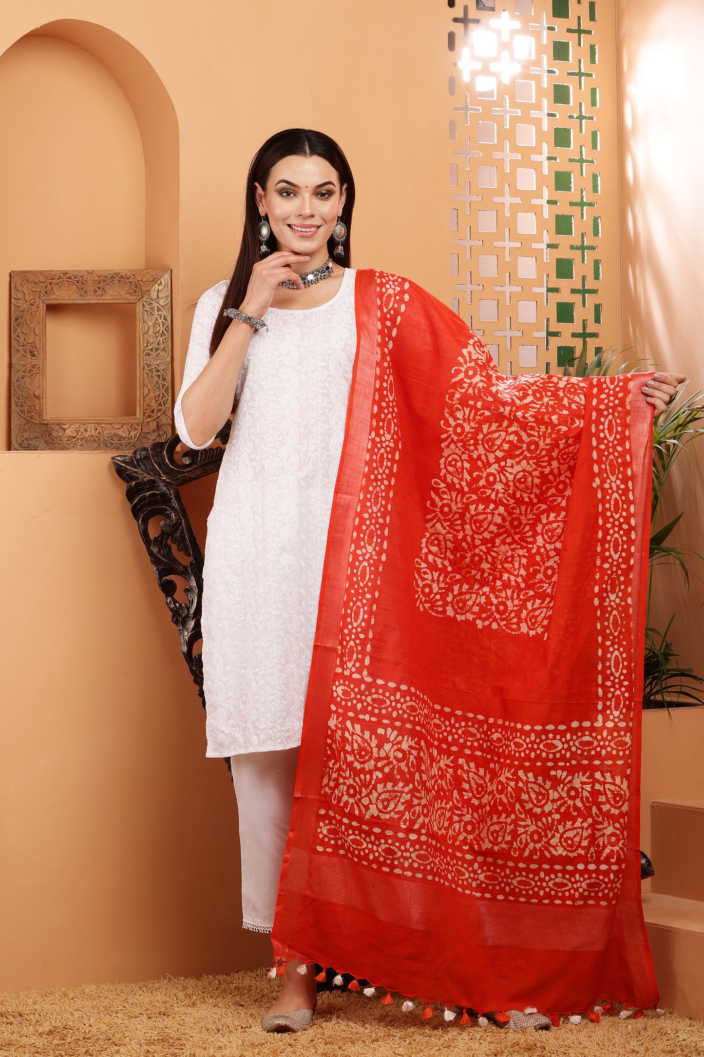 Dupatta-Cotton Slub- Batik Orange