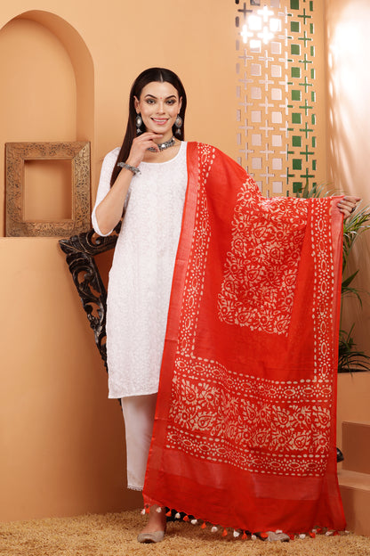 Dupatta-Cotton Slub- Batik Orange
