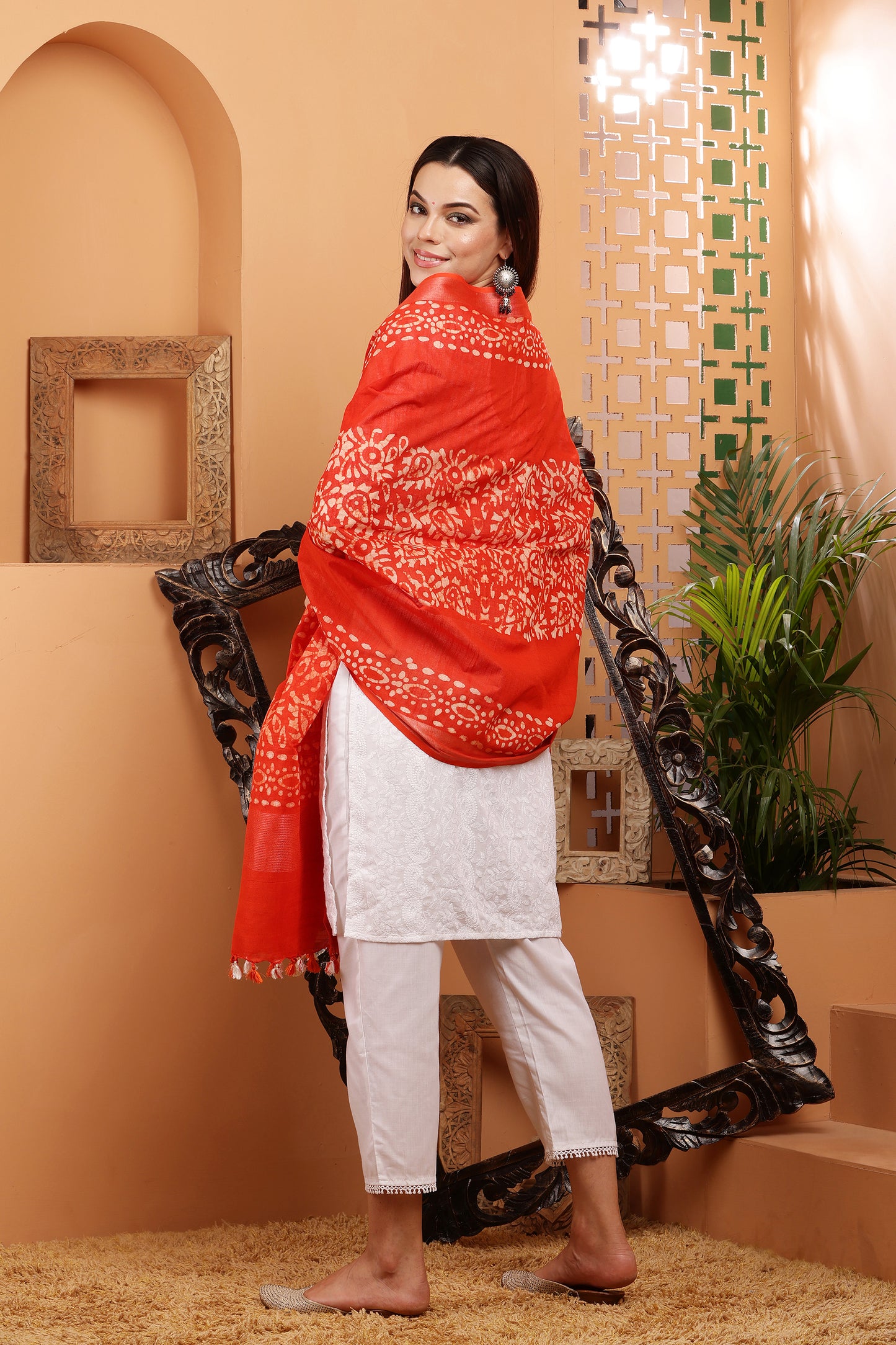 Dupatta-Cotton Slub- Batik Orange