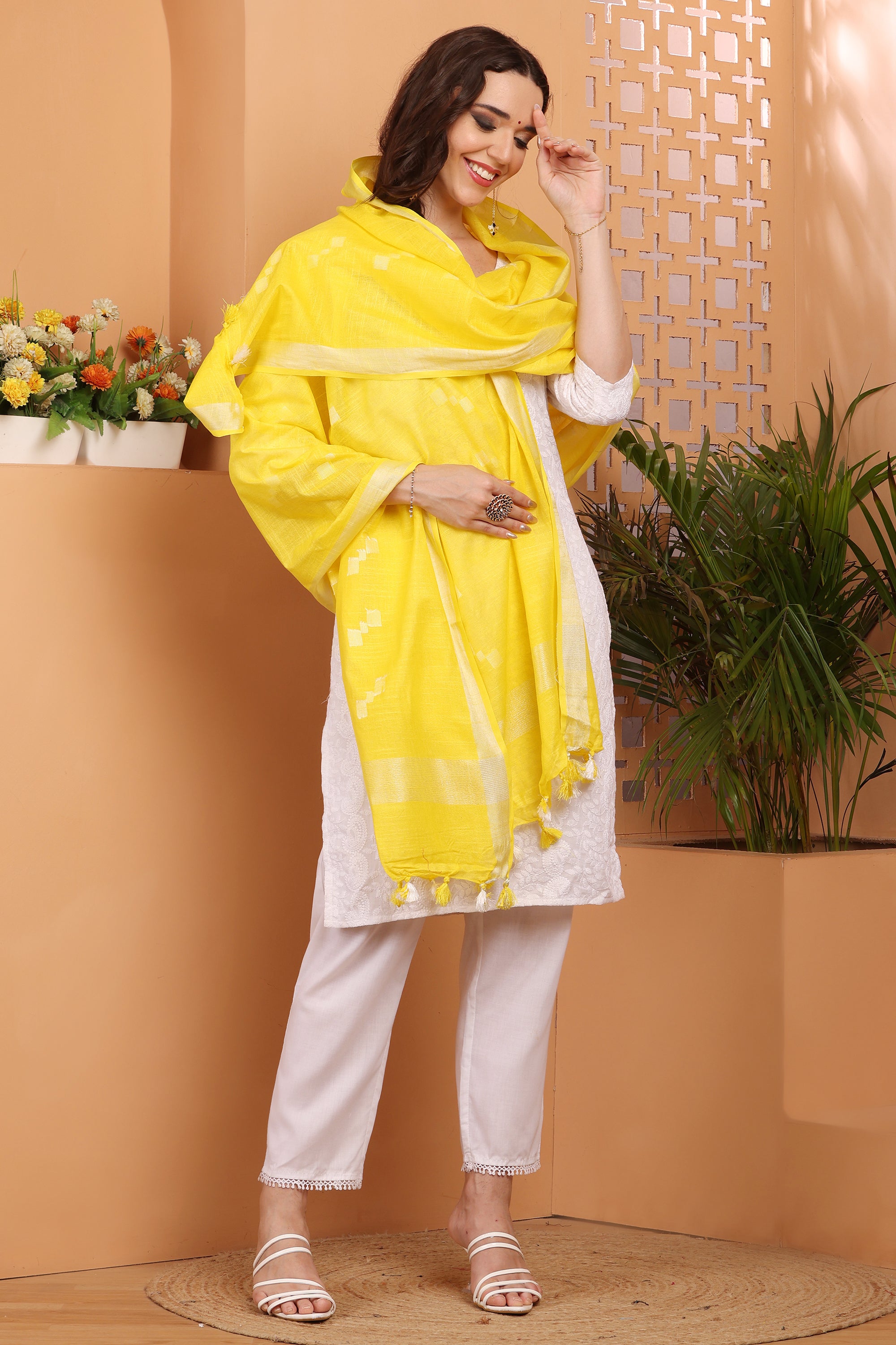 Dupatta -Cotton Slub Linen Manjusha- Yellow