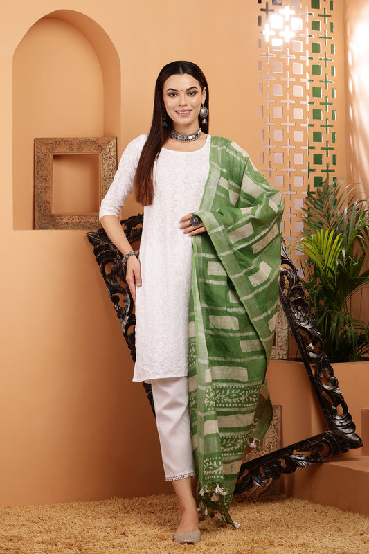Dupatta-Cotton Slub- Batik Pista Green