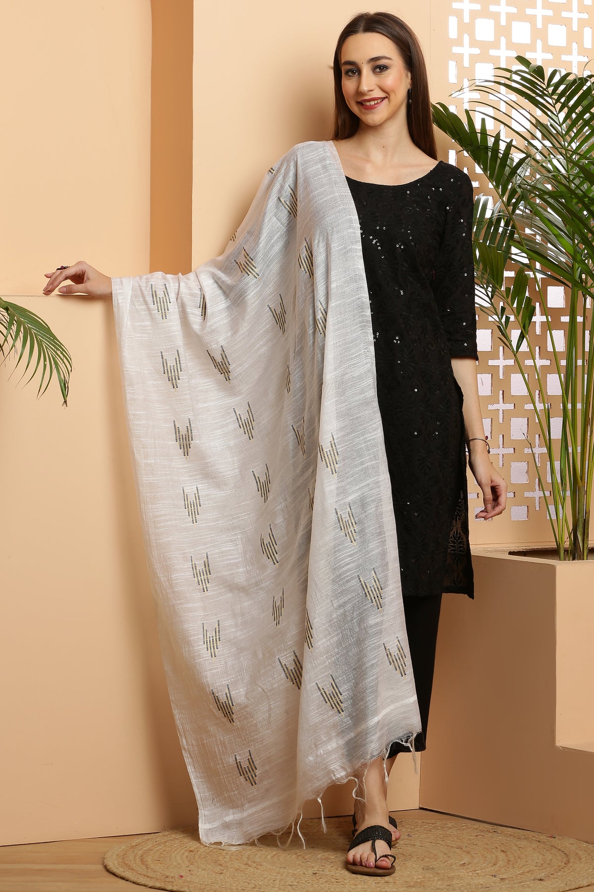 Dupatta-Cotton Slub Silk - White