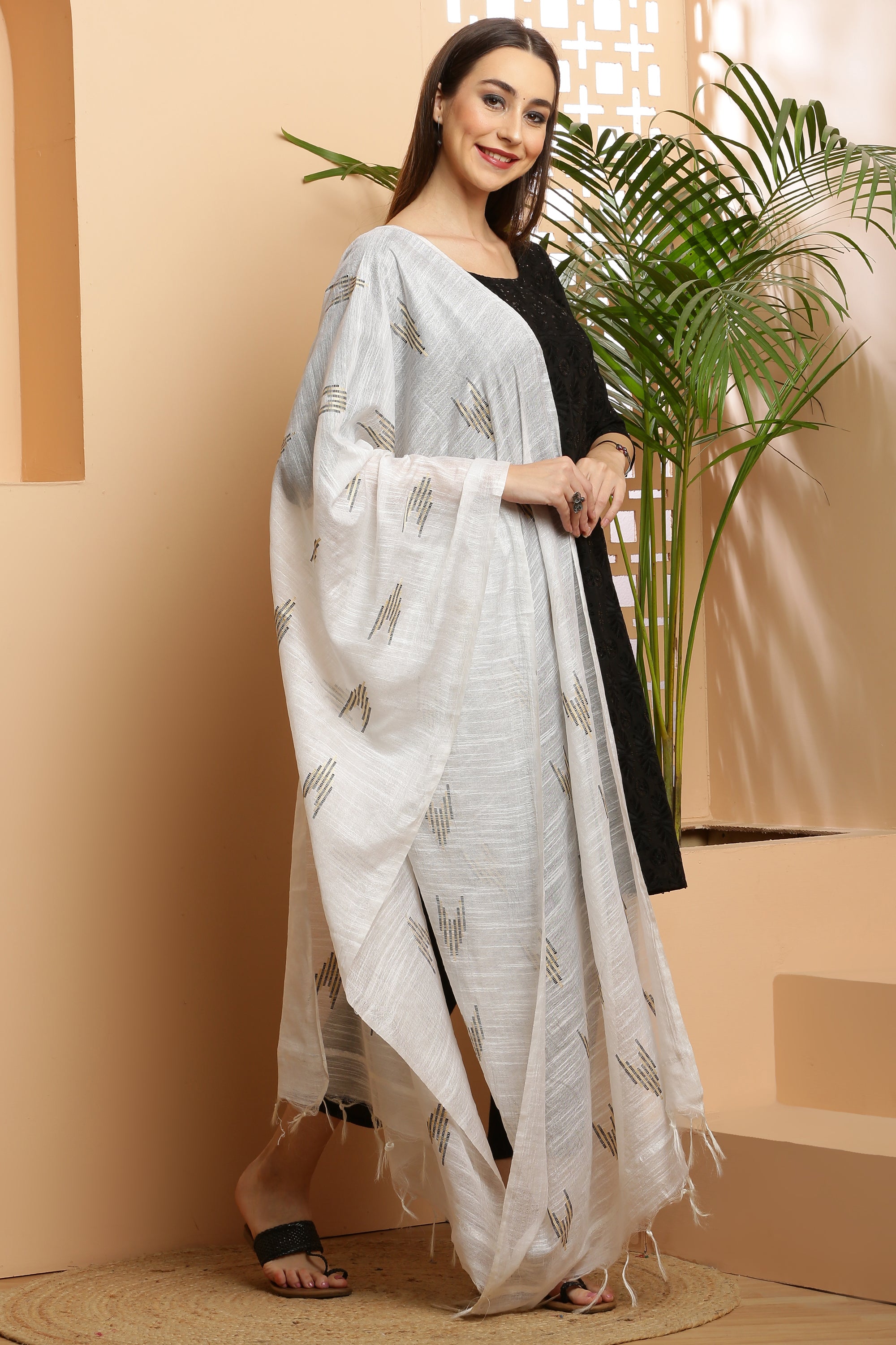 Dupatta-Cotton Slub Silk - White